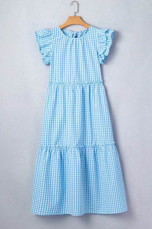 Knot Back Ruffled Short Sleeve Gingham Maxi Dress