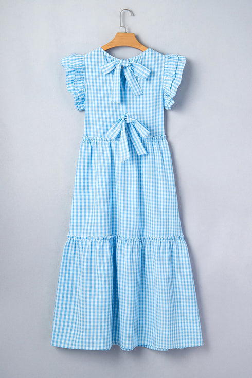 Knot Back Ruffled Short Sleeve Gingham Maxi Dress