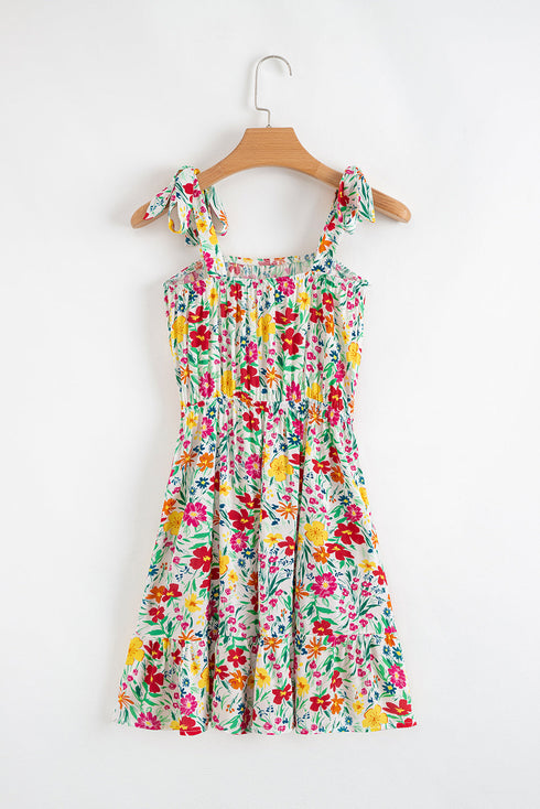 Knotted Strap Cinched Waist Ruffle Hem Floral Dress