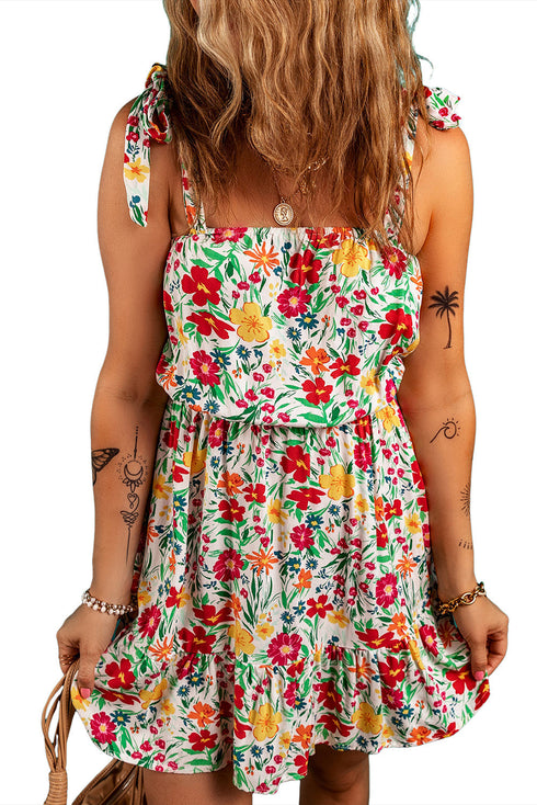 Knotted Strap Cinched Waist Ruffle Hem Floral Dress