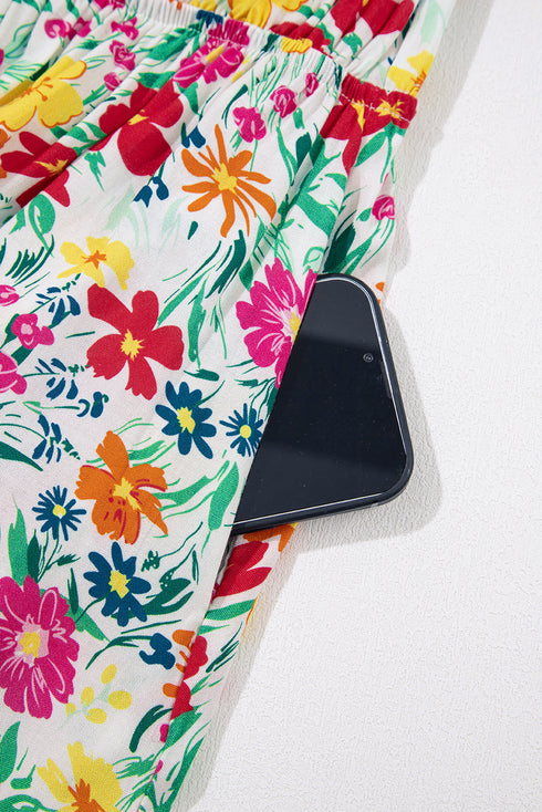 Knotted Strap Cinched Waist Ruffle Hem Floral Dress