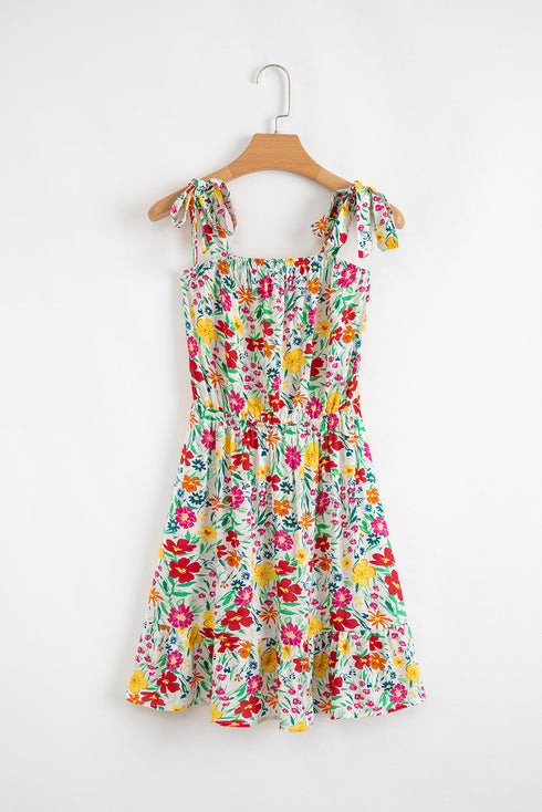 Knotted Strap Cinched Waist Ruffle Hem Floral Dress