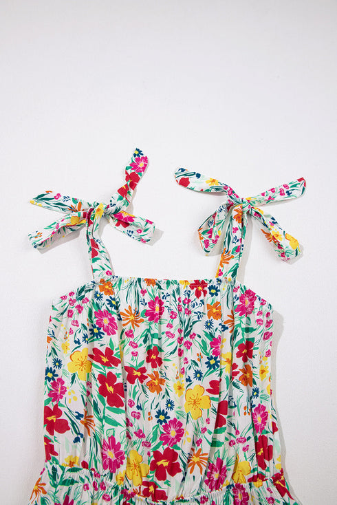 Knotted Strap Cinched Waist Ruffle Hem Floral Dress