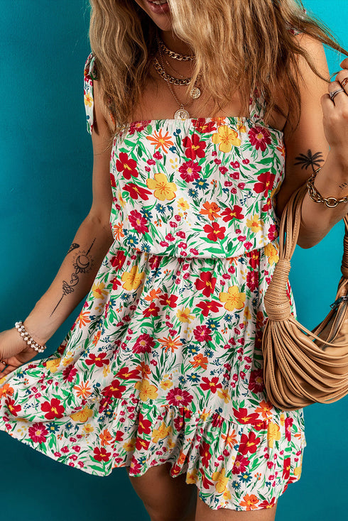Knotted Strap Cinched Waist Ruffle Hem Floral Dress
