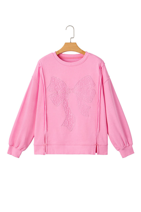 Lace Bow Applique Exposed Seam Pullover Sweatshirt