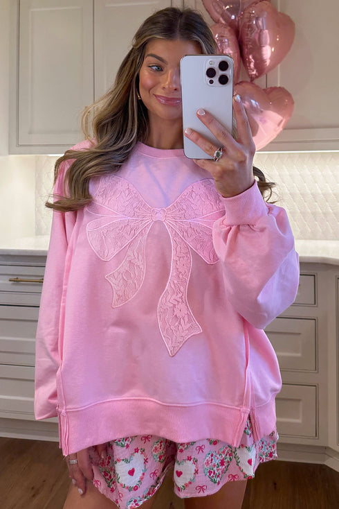 Lace Bow Applique Exposed Seam Pullover Sweatshirt