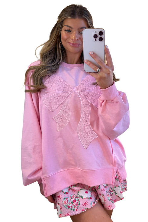 Lace Bow Applique Exposed Seam Pullover Sweatshirt