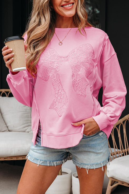 Lace Bow Applique Exposed Seam Pullover Sweatshirt