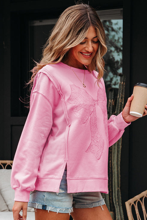 Lace Bow Applique Exposed Seam Pullover Sweatshirt