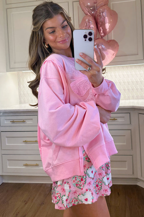 Lace Bow Applique Exposed Seam Pullover Sweatshirt