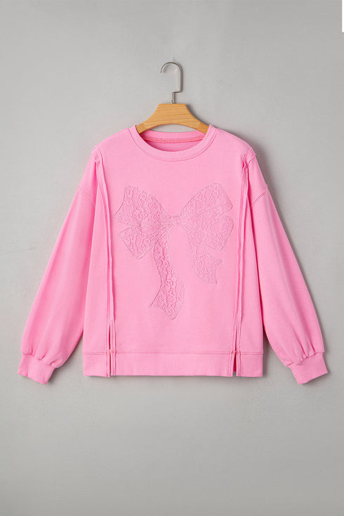 Lace Bow Applique Exposed Seam Pullover Sweatshirt