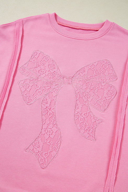 Lace Bow Applique Exposed Seam Pullover Sweatshirt