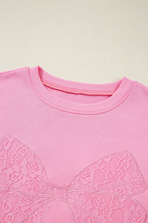 Lace Bow Applique Exposed Seam Pullover Sweatshirt