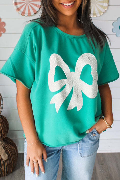 Lace Bow Detail Raw Edge Cotton Blend Tee
