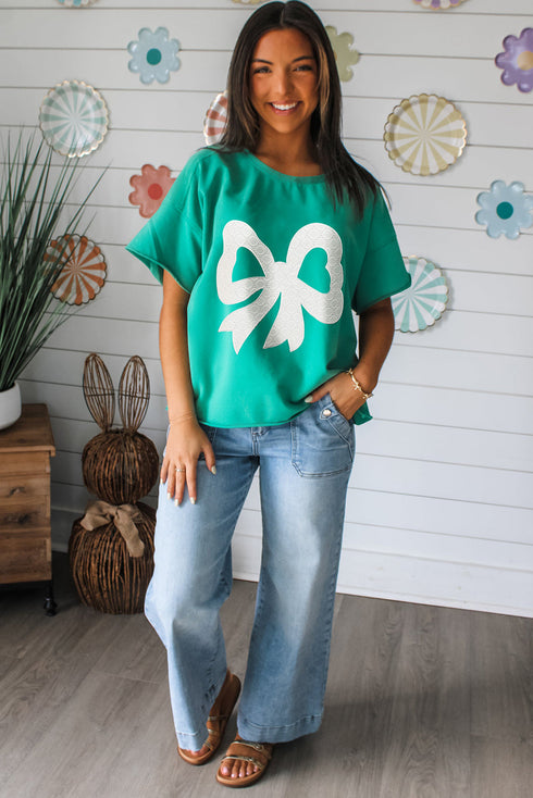 Lace Bow Detail Raw Edge Cotton Blend Tee