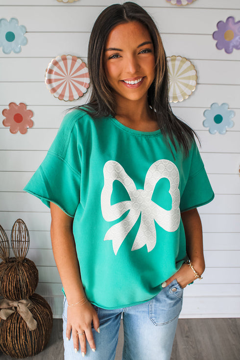 Lace Bow Detail Raw Edge Cotton Blend Tee