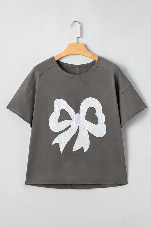Lace Bow Detail Raw Edge Cotton Blend Tee