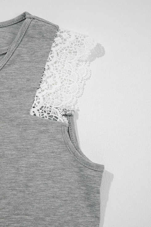 Lace Cap Sleeve Criss Cross V Neck Casual Knit Top