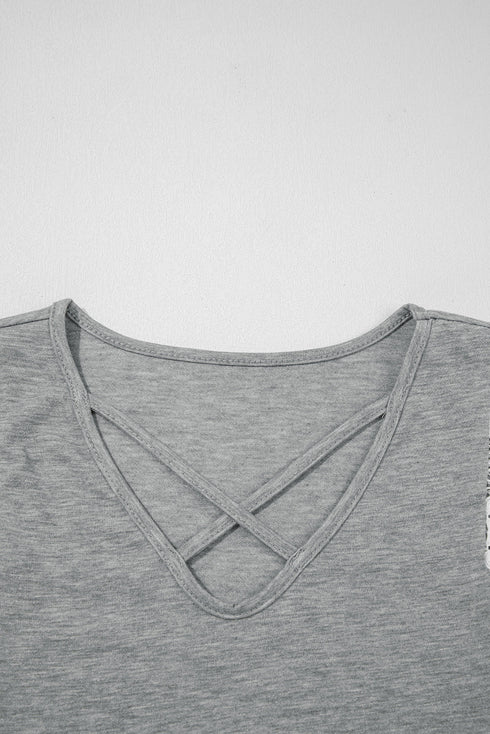 Lace Cap Sleeve Criss Cross V Neck Casual Knit Top