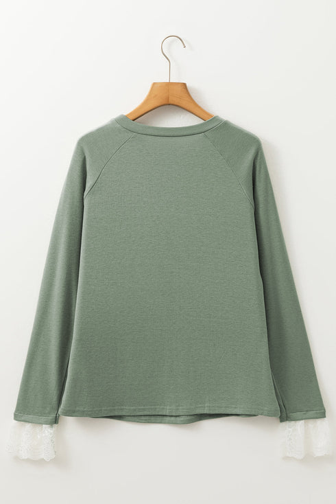Lace Contrast Cuff Raglan Sleeve Seam Detail Top