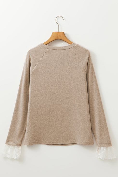 Lace Contrast Cuff Raglan Sleeve Seam Detail Top