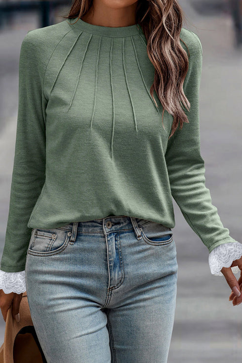 Lace Contrast Cuff Raglan Sleeve Seam Detail Top