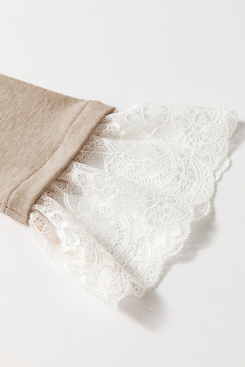 Lace Contrast Cuff Raglan Sleeve Seam Detail Top