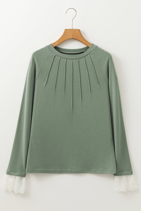 Lace Contrast Cuff Raglan Sleeve Seam Detail Top