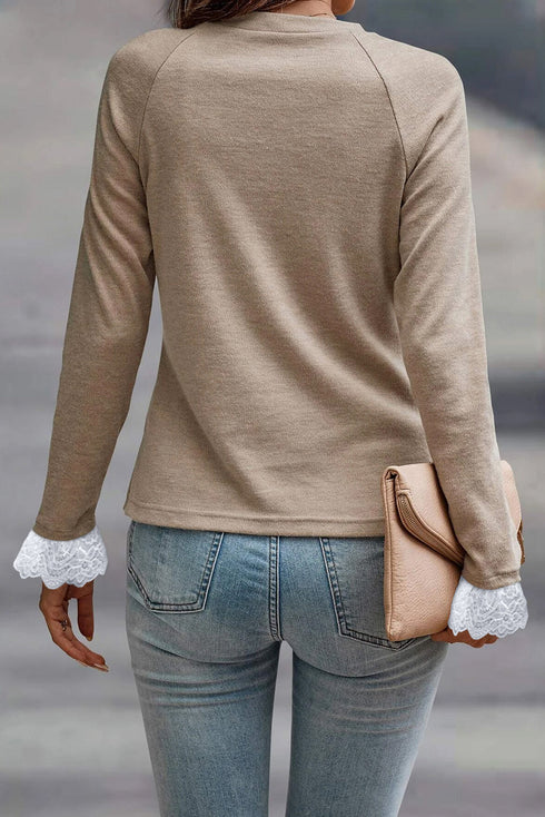 Lace Contrast Cuff Raglan Sleeve Seam Detail Top