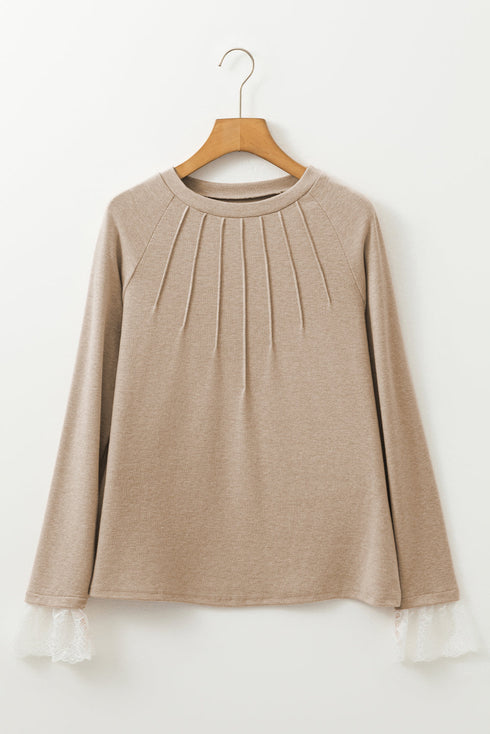 Lace Contrast Cuff Raglan Sleeve Seam Detail Top