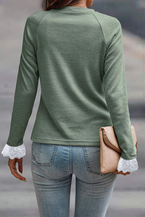 Lace Contrast Cuff Raglan Sleeve Seam Detail Top