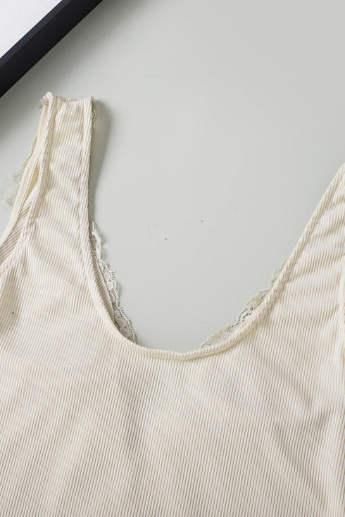 Lace Crochet Rib Knit Sleeveless V Neck Bodysuit