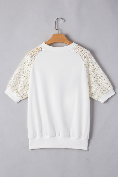 Lace Crochet Short Sleeve Round Neck T Shirt