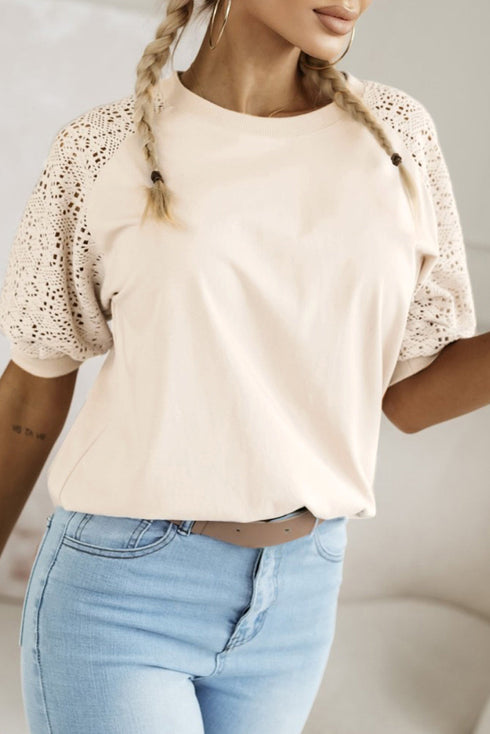 Lace Crochet Short Sleeve Round Neck T Shirt