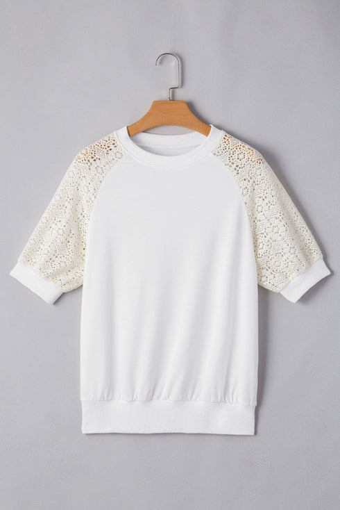 Lace Crochet Short Sleeve Round Neck T Shirt