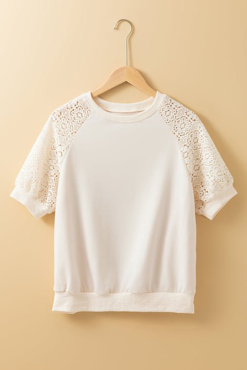 Lace Crochet Short Sleeve Round Neck T Shirt