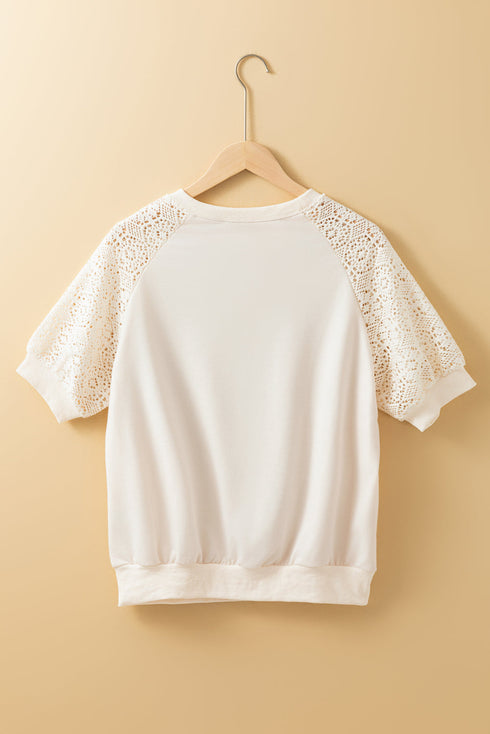 Lace Crochet Short Sleeve Round Neck T Shirt