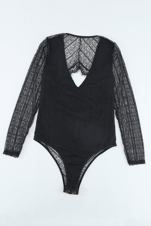 Lace Cut-Out Deep V Neck Bodysuit