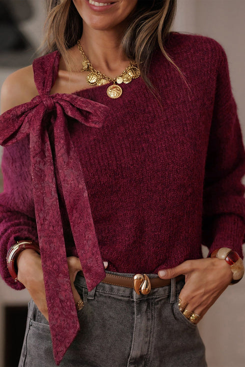 Lace Detail Bow Accent Asymmetric Neck Sweater