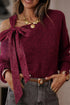 Lace Detail Bow Accent Asymmetric Neck Sweater