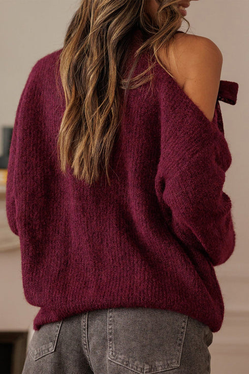 Lace Detail Bow Accent Asymmetric Neck Sweater