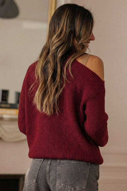 Lace Detail Bow Accent Asymmetric Neck Sweater
