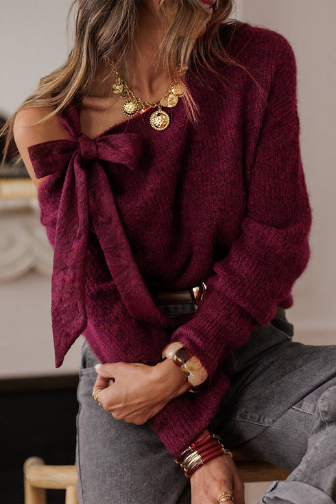 Lace Detail Bow Accent Asymmetric Neck Sweater