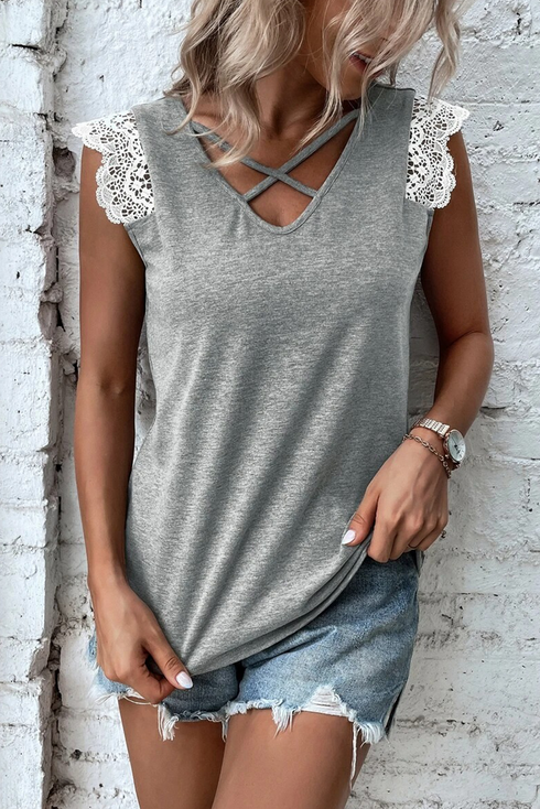 Lace Detail Criss Cross V Neck Sleeveless Tank Top