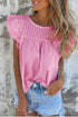Lace Detail Flutter Sleeve Pleated Round Neck Blouse