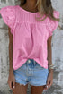 Lace Detail Flutter Sleeve Pleated Round Neck Blouse