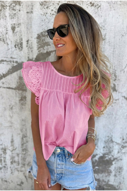 Lace Detail Flutter Sleeve Pleated Round Neck Blouse
