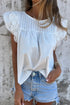 Lace Detail Flutter Sleeve Pleated Round Neck Blouse