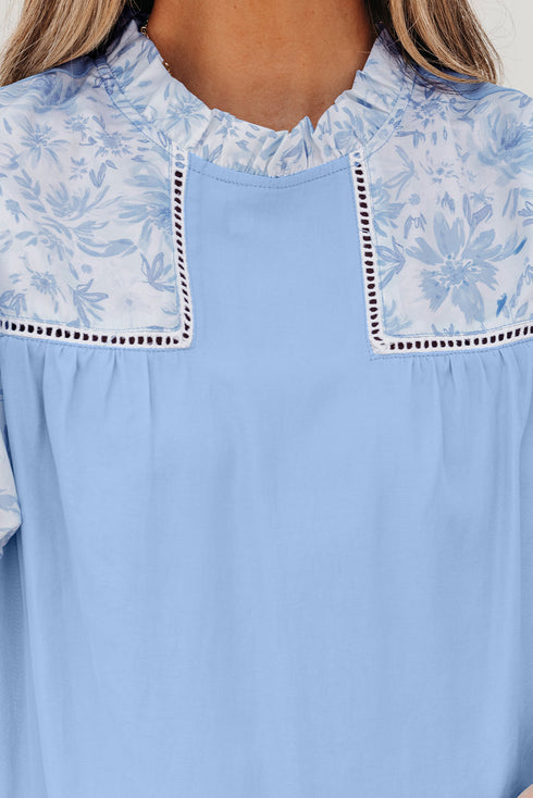 Lace Detail Patchwork Floral Print Puff Sleeve Blouse
