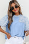 Lace Detail Patchwork Floral Print Puff Sleeve Blouse